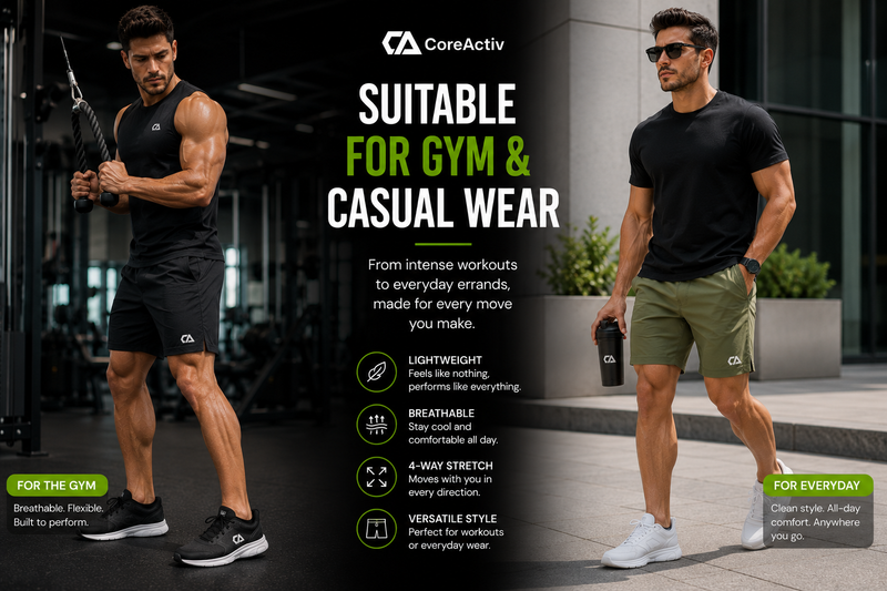 CoreActiv Quick-Dry Performance Shorts styled for gym and casual wear