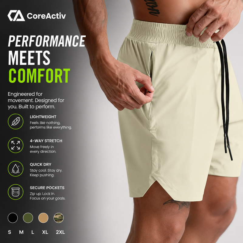 Close-up of the zippered side pocket on CoreActiv Quick-Dry Performance Shorts