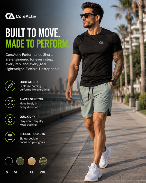 Man wearing CoreActiv Quick-Dry Performance Shorts on a walk