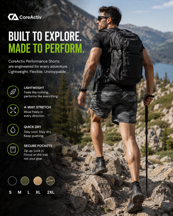 Man wearing CoreActiv Quick-Dry Performance Shorts on a hiking trail