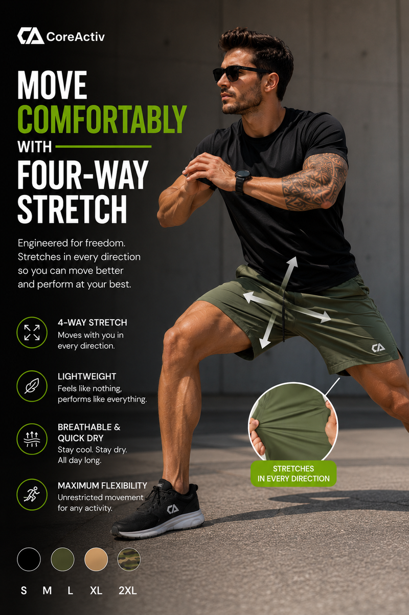 CoreActiv Quick-Dry Performance Shorts fabric shown stretched