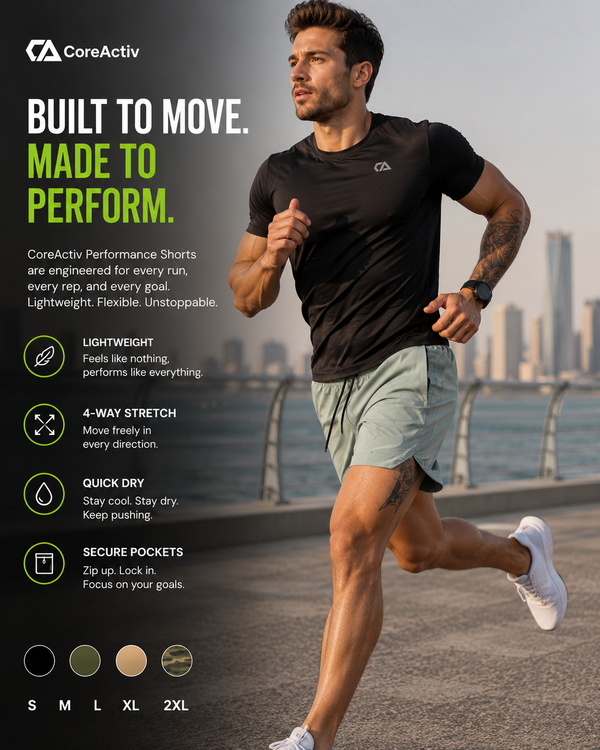 Man wearing CoreActiv Quick-Dry Performance Shorts while running outdoors