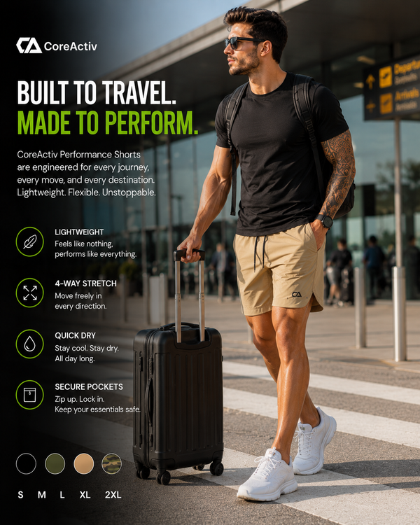 Man wearing CoreActiv Quick-Dry Performance Shorts while traveling