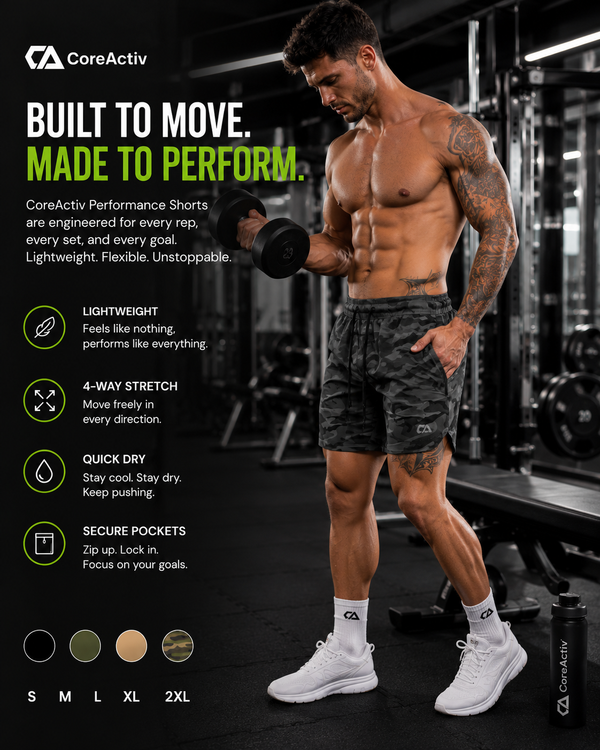 Man wearing CoreActiv Quick-Dry Performance Shorts training at the gym